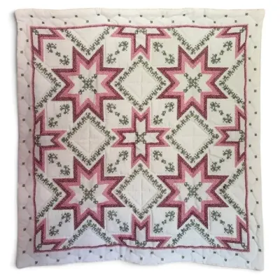 Hand-Sewn Pink Stars Cross-Stitch Quilt Wall Hanging (33” x 33”)