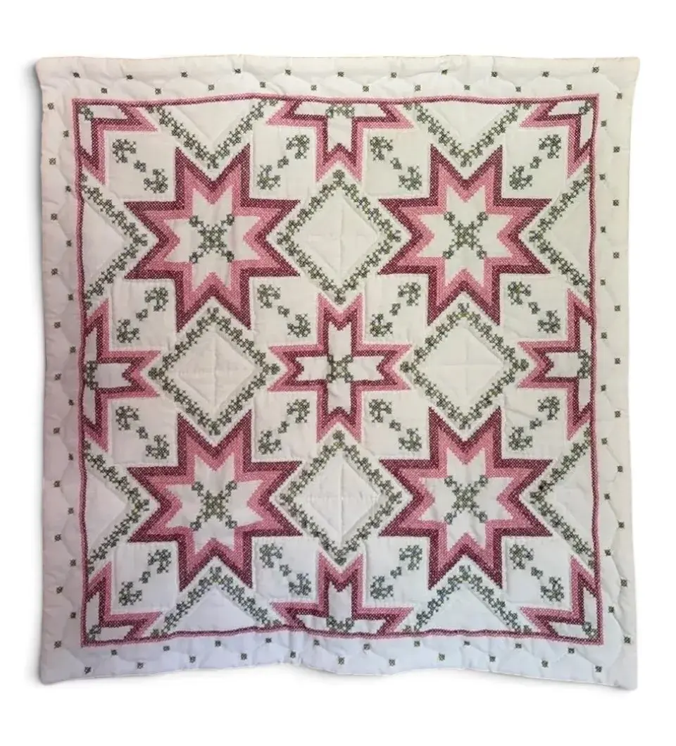 Hand-Sewn Pink Stars Cross-Stitch Quilt Wall Hanging (33” x 33”)