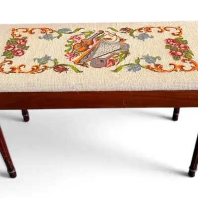 Needlepoint Hardwood Musician’s Bench w/ Musical Instrument Design