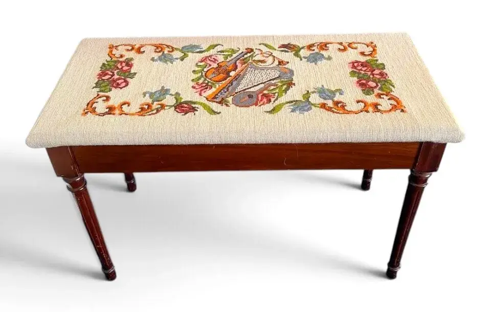 Needlepoint Hardwood Musician’s Bench w/ Musical Instrument Design