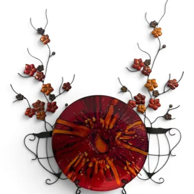 Large Art Glass Plate w/ Stand & Pair of Metal Flower Wall Decor