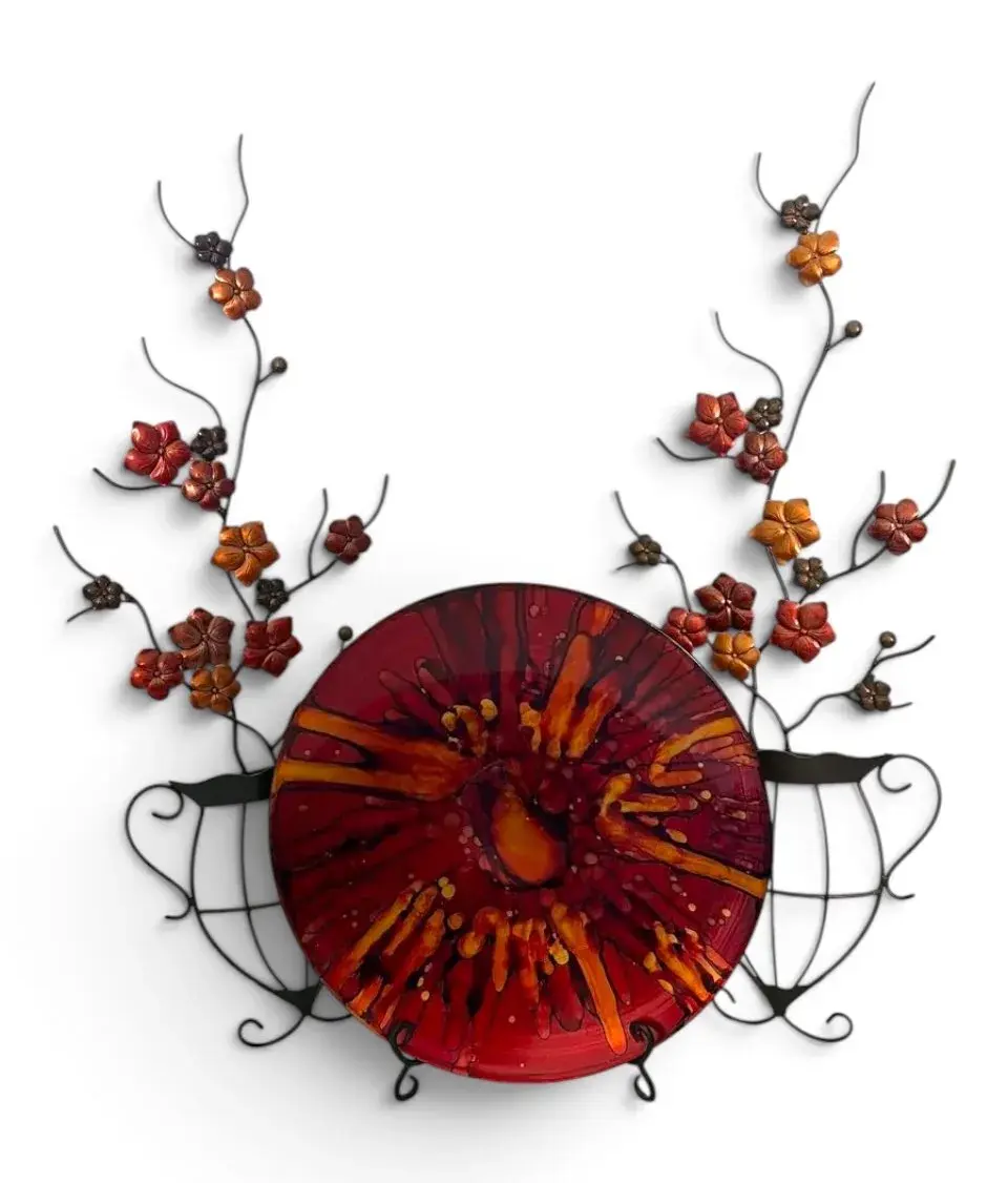 Large Art Glass Plate w/ Stand & Pair of Metal Flower Wall Decor