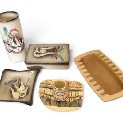 MCM Sasha Brastoff Peacock Dish, Vase & Lidded Box, MCM Ashtray, Brastoff Dish, & Mini Vase