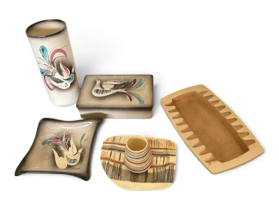 MCM Sasha Brastoff Peacock Dish, Vase & Lidded Box, MCM Ashtray, Brastoff Dish, & Mini Vase