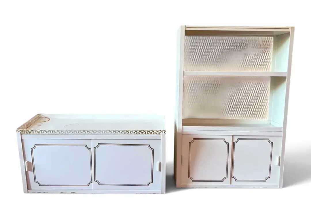 Vintage Matching White Metal Bathroom Cabinets w/ Sliding Doors