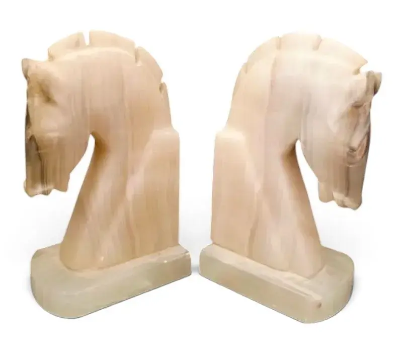Pair of Carved Onyx Horsehead Bookends 