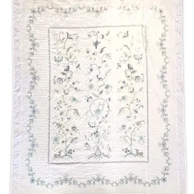 Hand-Sewn Blue & White Cross-Stitch Embroidered Deer Quilt (84" x 96")