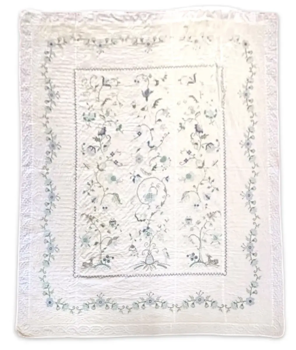 Hand-Sewn Blue & White Cross-Stitch Embroidered Deer Quilt (84" x 96")