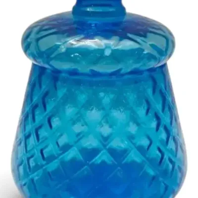 Blue Glass Quilted Diamond Pattern Lidded Jar