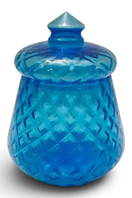 Blue Glass Quilted Diamond Pattern Lidded Jar