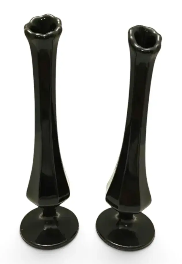Fenton Black Glass Swung Bud Vases