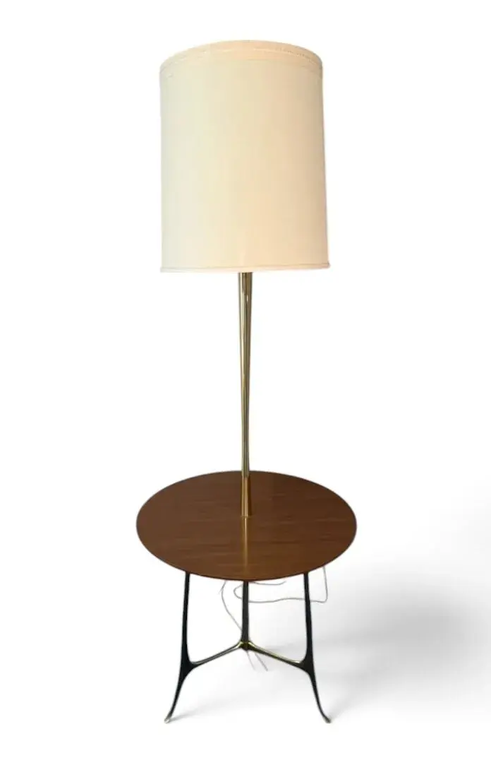 MCM Brass Floor Lamp w/ Round Side Table