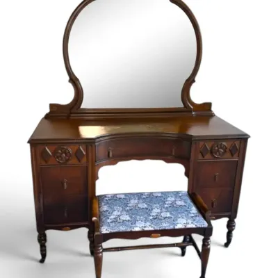 Antique Vanity Dresser & Mirror w/ Carved Details & Burlwood Accents