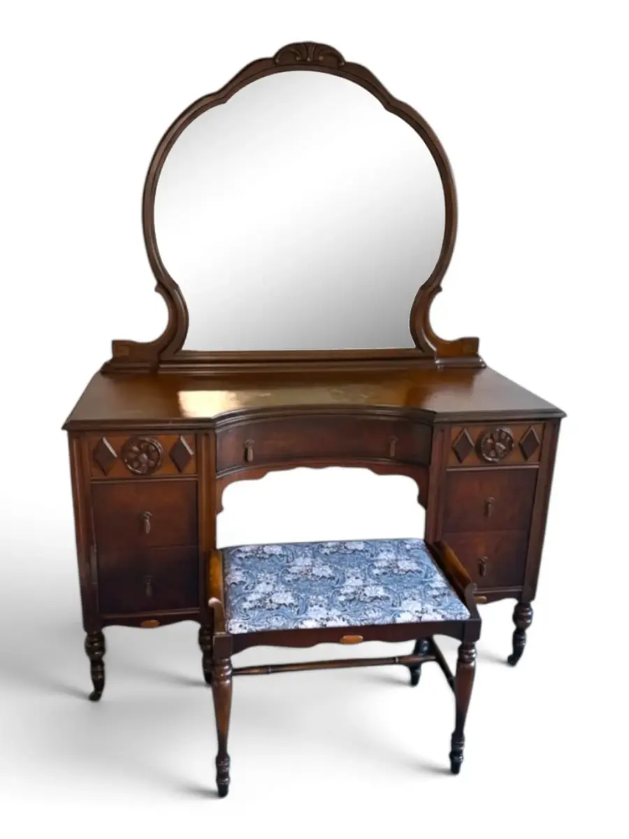 Antique Vanity Dresser & Mirror w/ Carved Details & Burlwood Accents