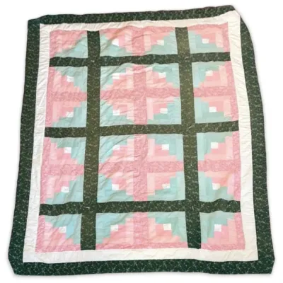 Hand-Sewn Bows & Roses Pink, Green, Blue, & White Patchwork Quilt (Full/Queen)