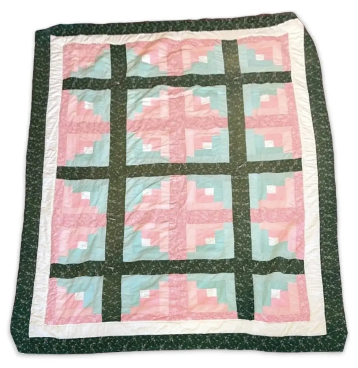 Hand-Sewn Bows & Roses Pink, Green, Blue, & White Patchwork Quilt (Full/Queen)