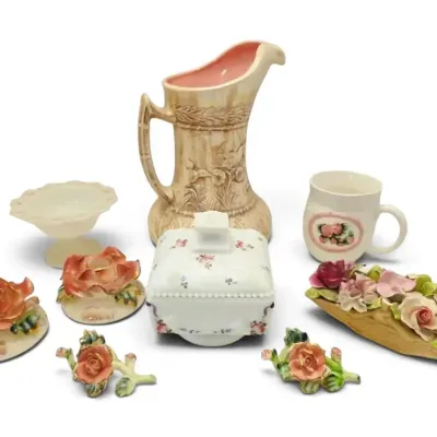 Porcelain Rose Candleholders, Milk Glass Handpainted Floral Lidded Box, & More