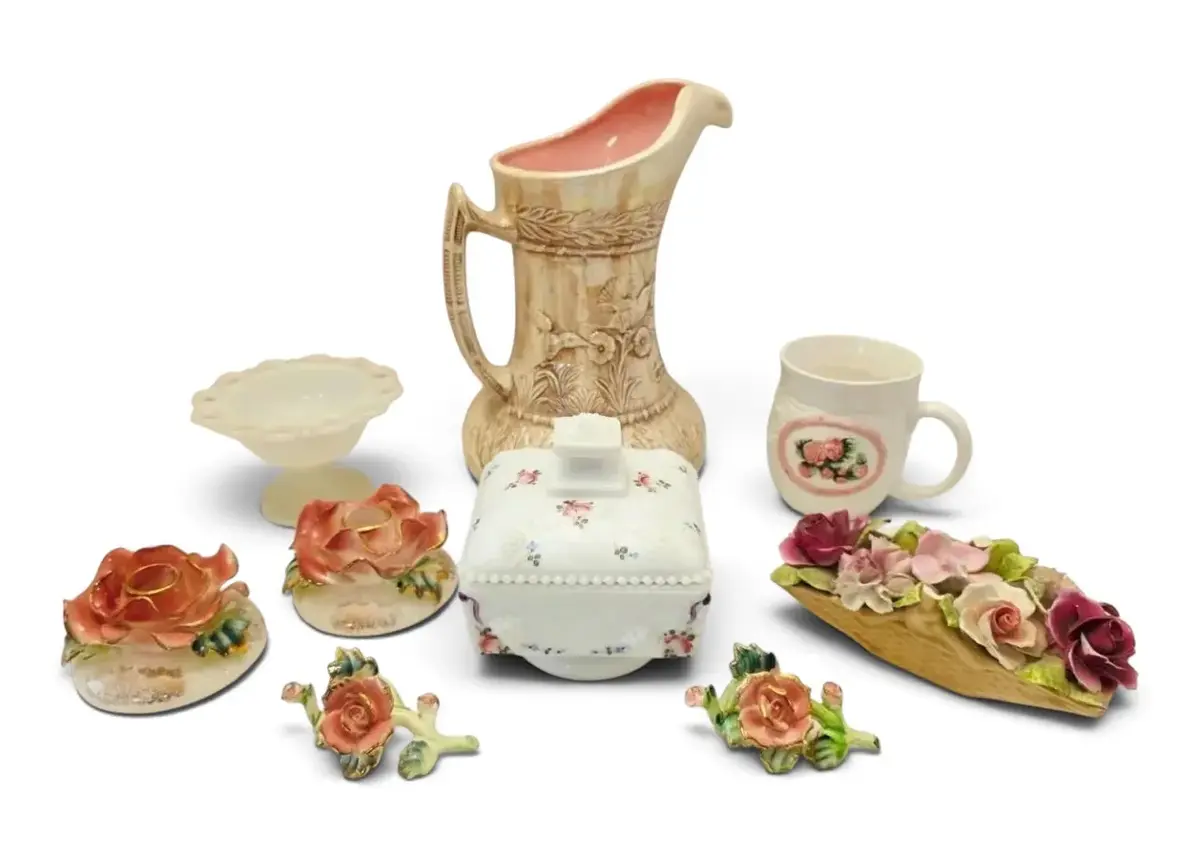 Porcelain Rose Candleholders, Milk Glass Handpainted Floral Lidded Box, & More