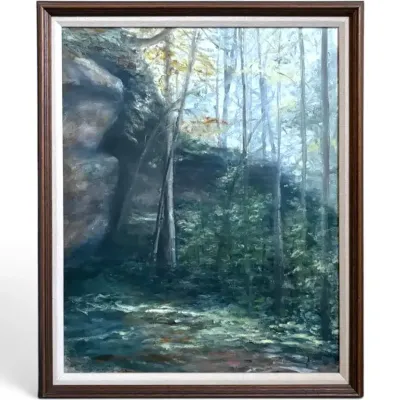 Wooden-Framed Painting of Forest Landscape (23”x27”)