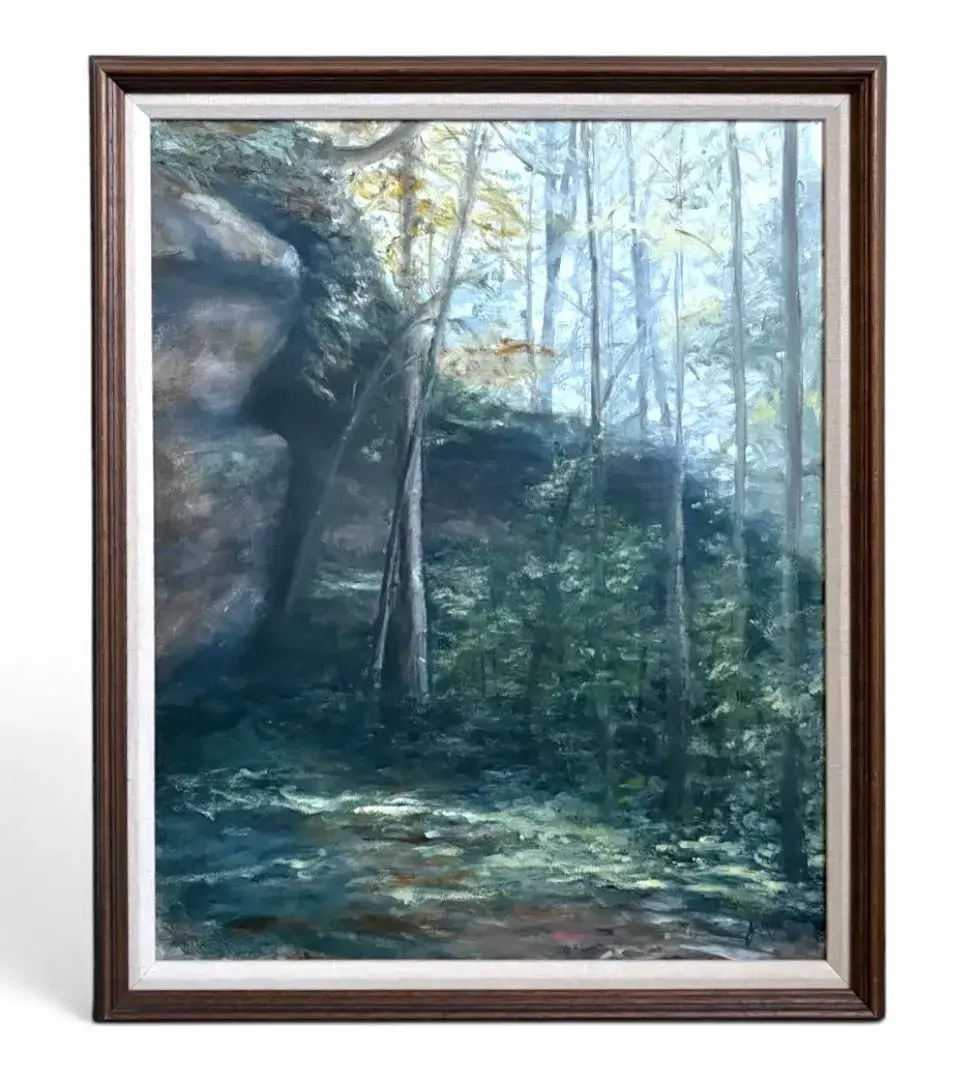 Wooden-Framed Painting of Forest Landscape (23”x27”)