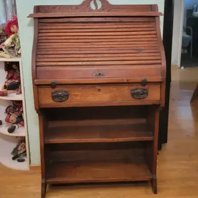 Vintage Oak Roll Top Secretary Desk | Tambour Door, Drawer & Open Shelves