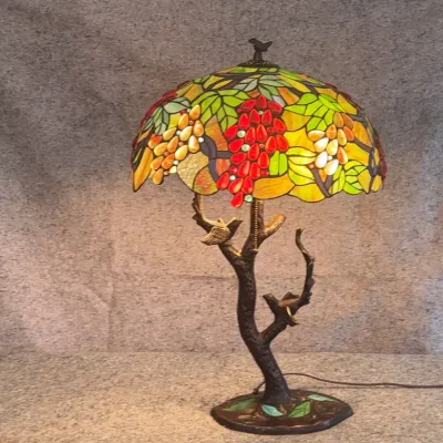 Tiffany Style Stained Glass Table Lamp | Grape Cluster Shade & Two Birds