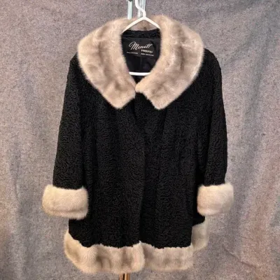 Monett Furriers Black Persian Lamb Fur Coat | Gray Mink Collar & Cuffs | M/L