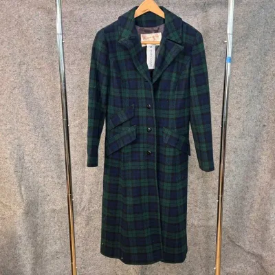 Pendleton Long Wool Winter Coat | Green & Navy Plaid | Size Small