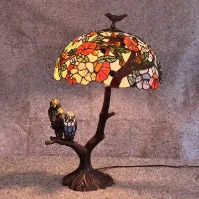 Tiffany Style Stained Glass Table Lamp | Poppy Floral Shade & Two Parrots