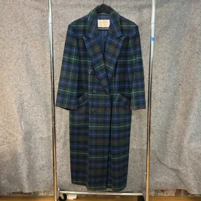 Pendleton Long Wool Winter Coat | Navy, Green & Red Plaid | Size 14
