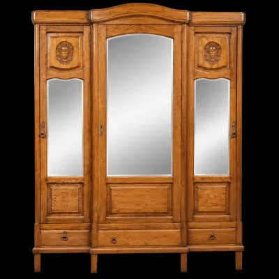 Vintage Wood Armoire | Triple Mirrored Doors, Carved Details & 3 Drawers