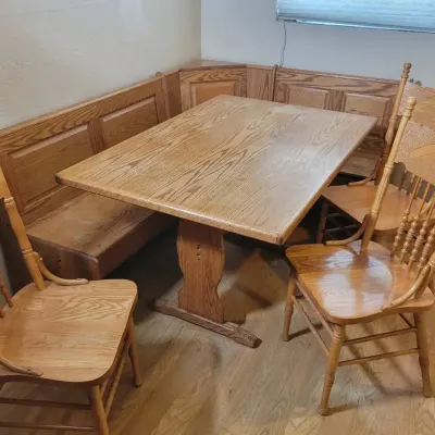 Oak Corner Breakfast Nook Dining Set | Table, Storage Bench & 3 Chairs