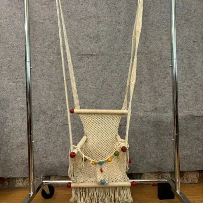 Vintage Macramé Baby Swing | Hanging Woven Chair With Wooden Dowels & Colorful Beads
