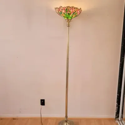 Tiffany-Style Stained Glass Torchiere Floor Lamp | Floral Shade & Brass Finish