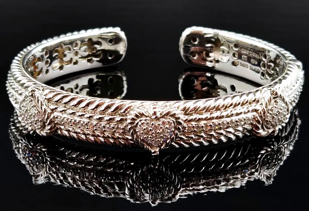 Judith Ripka Sterling Silver Hinged Cuff Heart Bracelet 