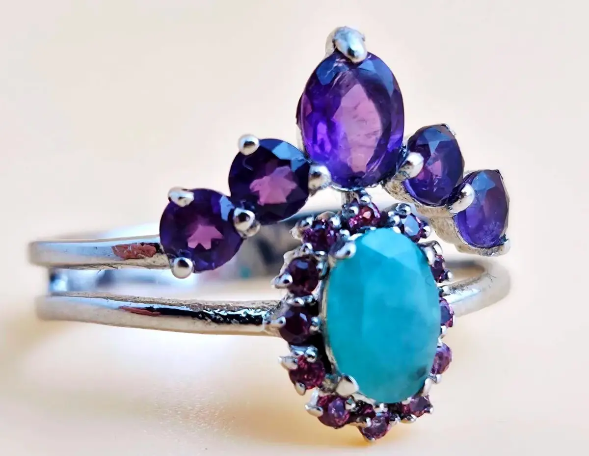 Emerald & Amethyst Sterling Silver Ring 