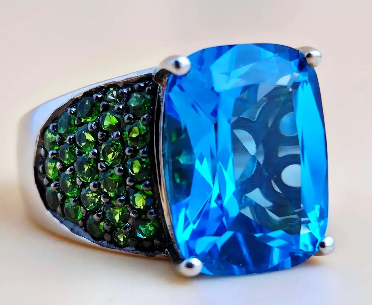 12.2ct London Blue Topaz & Chrome Diopside Sterling Silver Statement Ring 