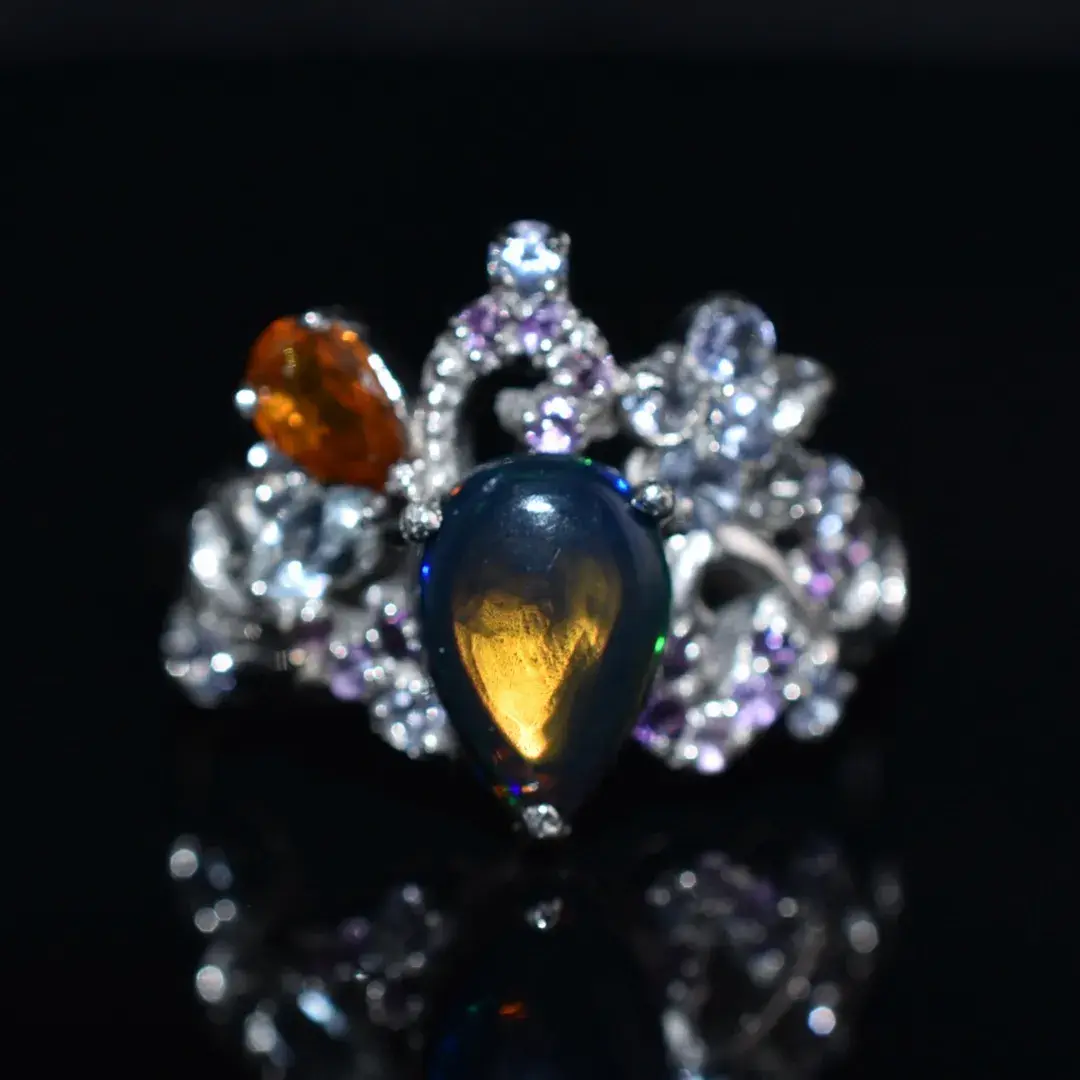 Black opal, Tanzanite, Citrine & Aquamarine Sterling Silver Ring