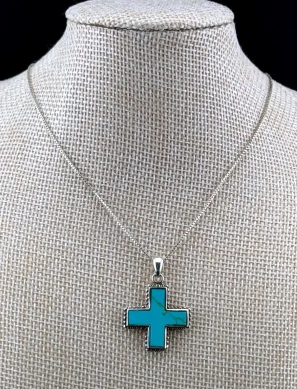 Turquoise Cross Box Chain Sterling Silver Necklace 