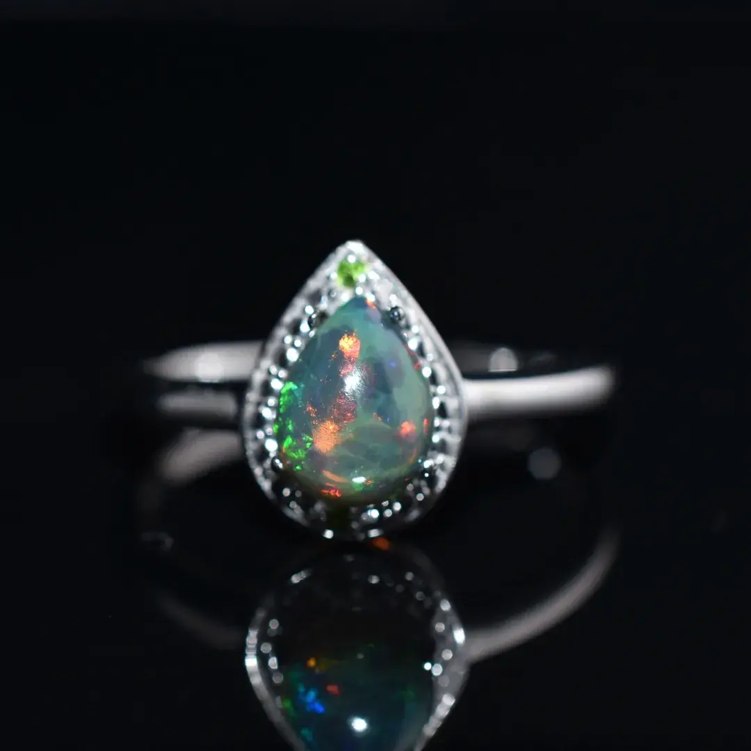 Back Opal Cabochon Sterling Silver Halo Ring