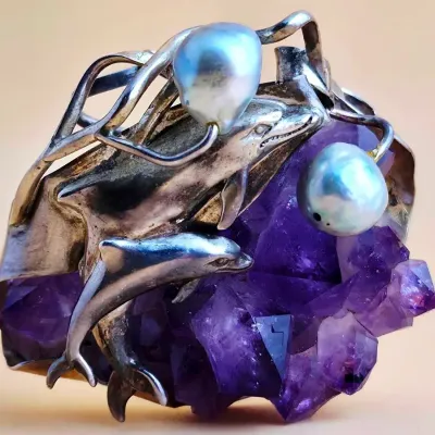 Amethyst & Pearl Sterling Silver Dolphin Pendant