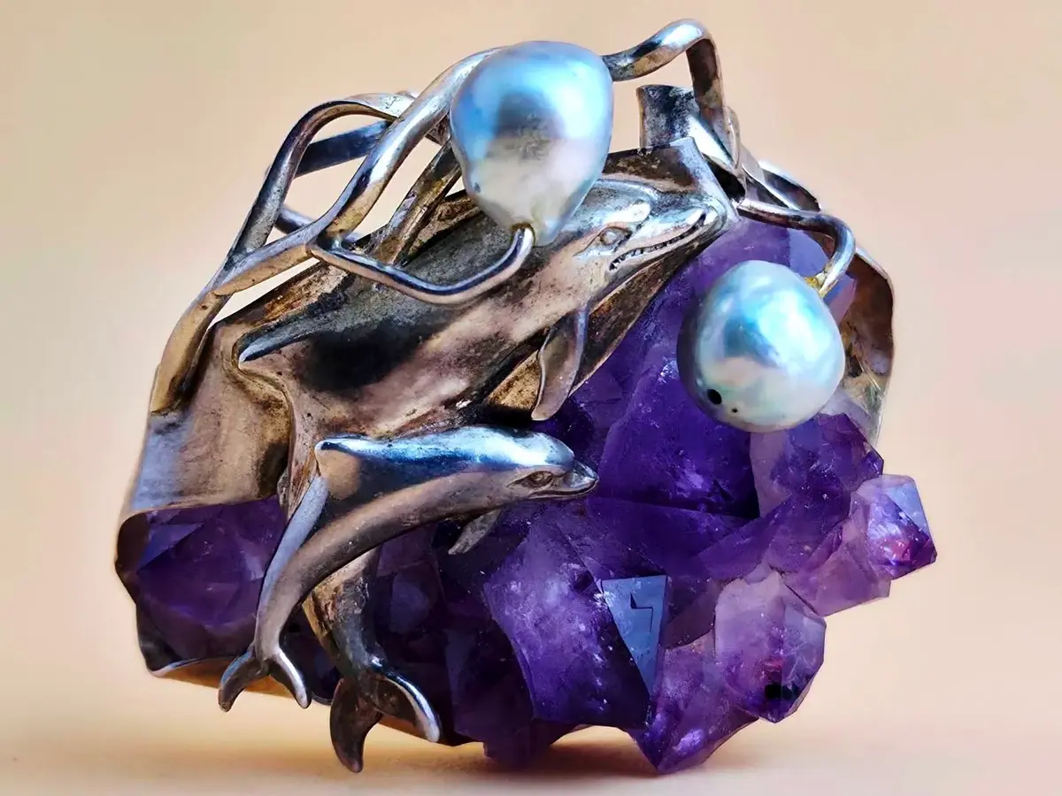 Amethyst & Pearl Sterling Silver Dolphin Pendant