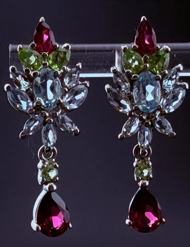 Rhodolite Garnet, Blue Topaz & Peridot Sterling Silver Drop Earrings 