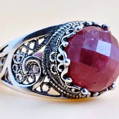 Natural Ruby Faceted Cabochon Sterling Silver Ornate Ring 