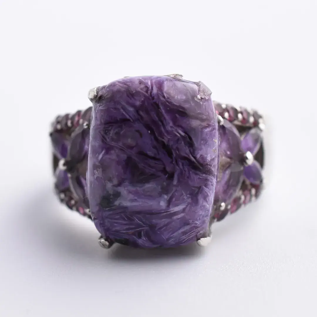 Charoite, Amethyst & Rhodolite Garnet Sterling Silver Ring