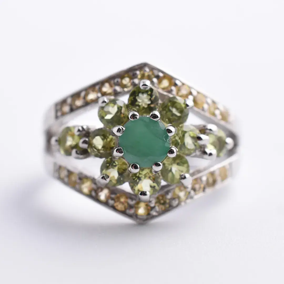 Emerald, Peridot & Sapphire Sterling Silver Ring