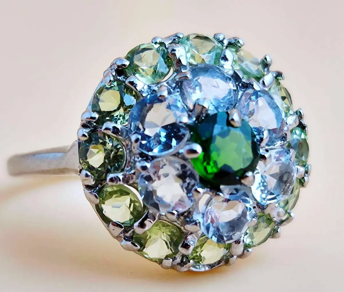Chrome Diopside, Aquamarine, & Peridot Sterling Silver Dome Ring