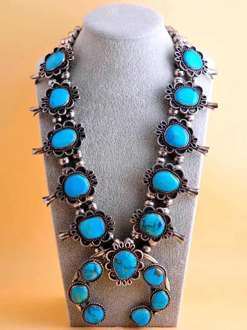 Vintage Native American Squash Blossom Sterling Silver Necklace 