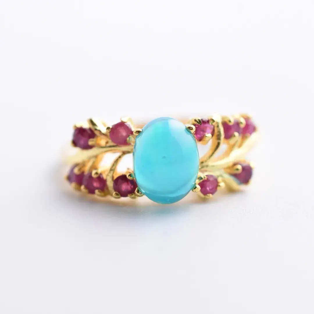 Blue Opal Cabochon & Ruby Sterling Silver Ring