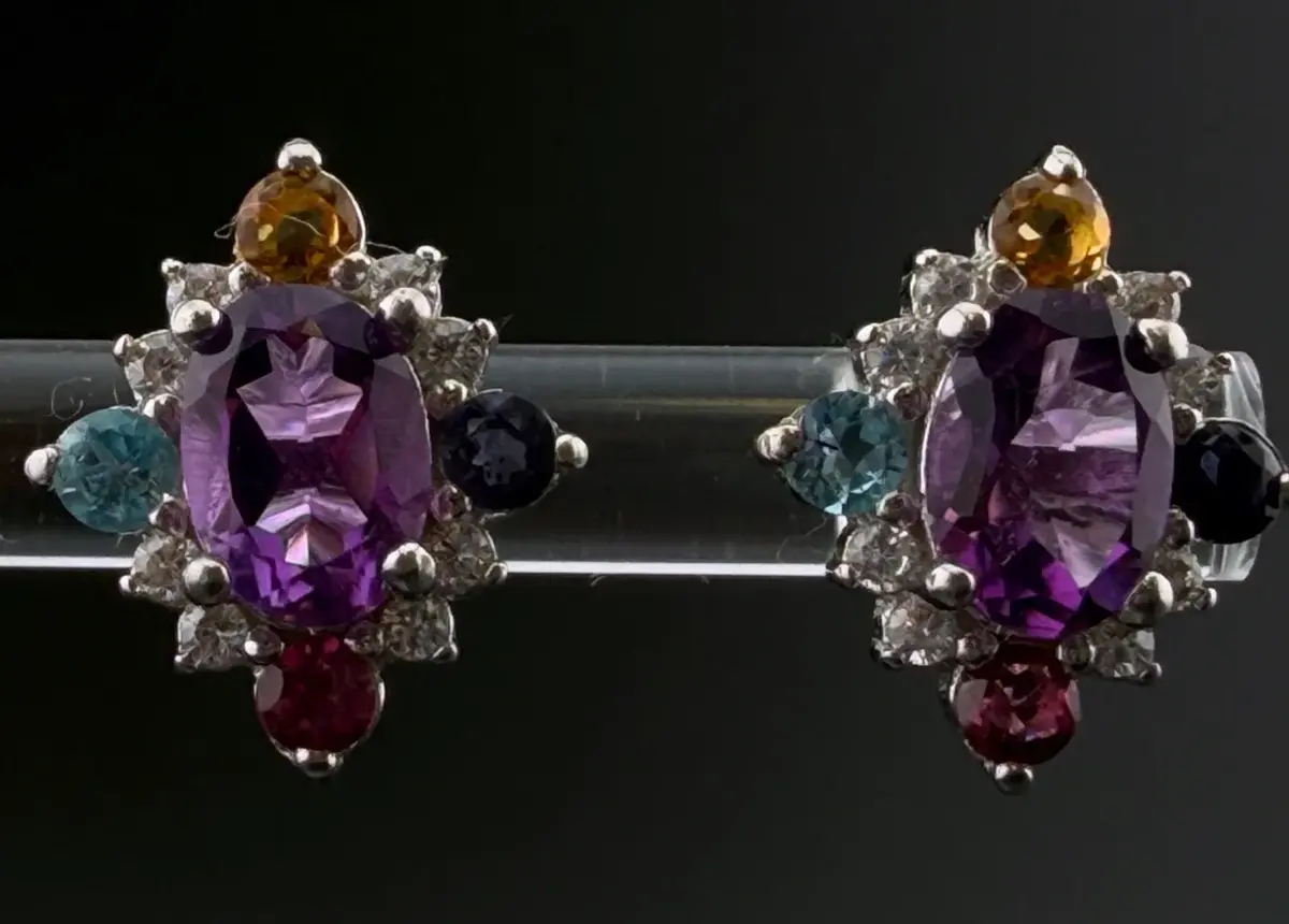 Amethyst, Topaz, Tanzanite & Rhodolite Garnet Sterling Silver Earrings 